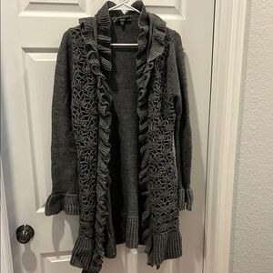 Gray Ruffled Knit Cardigan Sweater